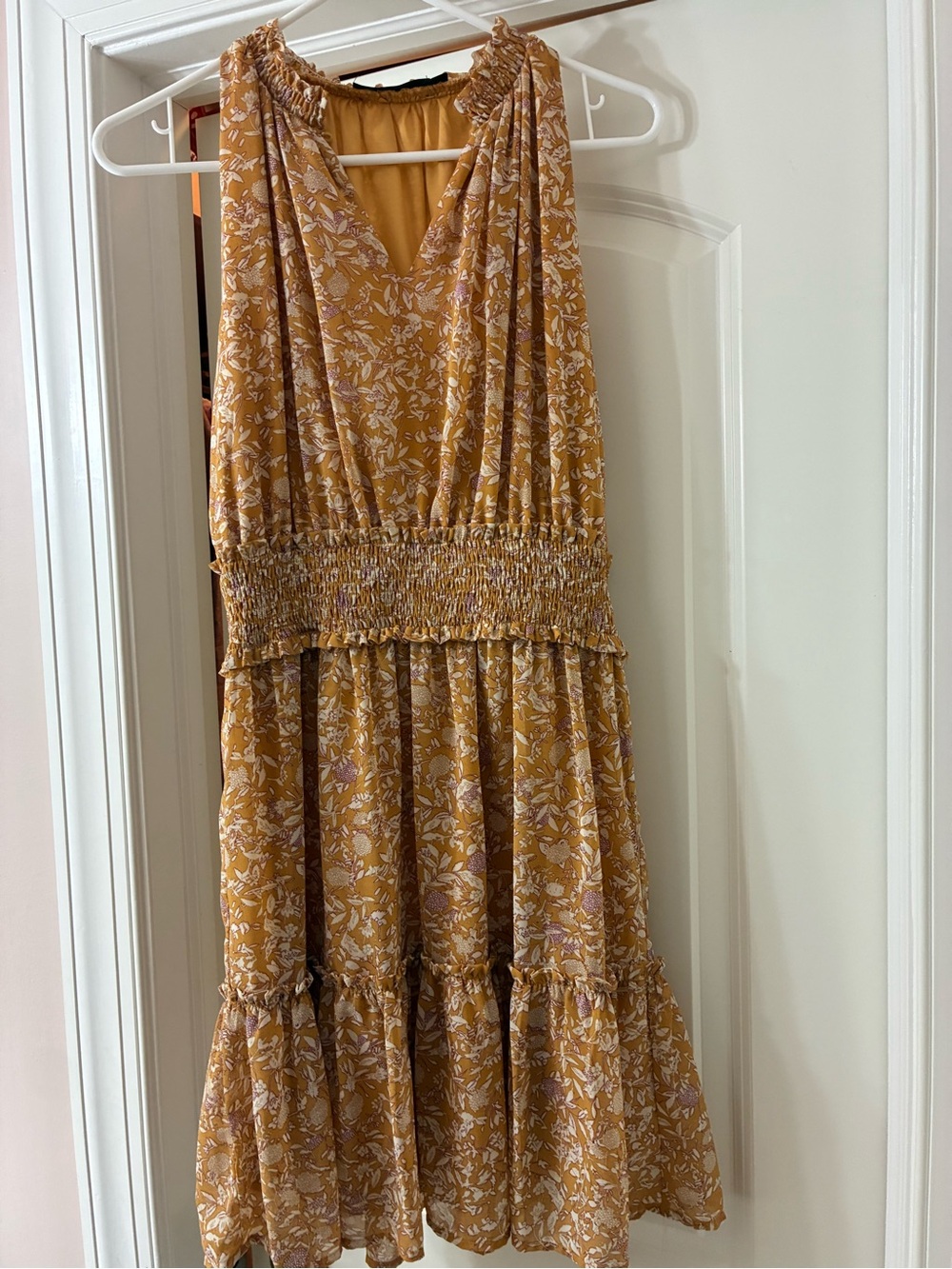 Doe & Rae Mustard Floral Smocked Midi Dress